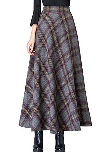 ebossy Damen Vintage Hohe Taille Wollmischung Plaid A-Linie Langer Maxirock mit Tasche, kariert grau, Groß von ebossy