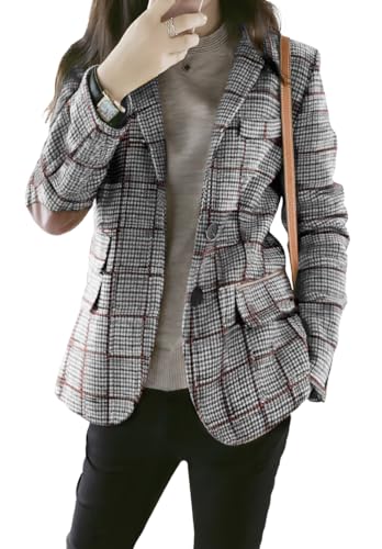 ebossy Damen Vintage Nothced Revers einreihig Boyfriend Blazer Anzüge Hahnentritt Plaid Jacke Mantel mit aufgesetztem Ellenbogen, GRAU, L von ebossy