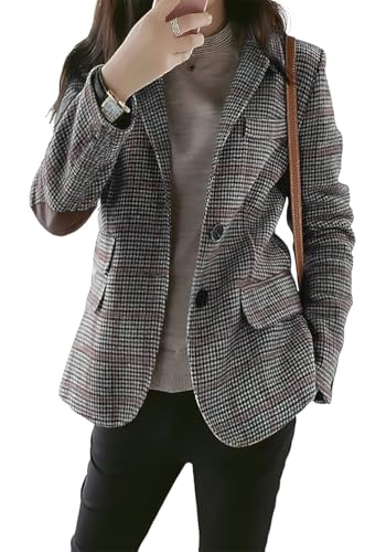 ebossy Damen-Blazer, Vintage-Stil, ohne Revers, einreihig, Hahnentrittmuster, kariert, Jacke mit aufgesetztem Ellenbogen, GRAU, XL von ebossy