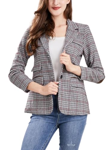 ebossy Damen Vintage Nothced Revers einreihig Boyfriend Blazer Anzüge Hahnentritt Plaid Jacke Mantel mit aufgesetztem Ellenbogen, GRAU, XS von ebossy