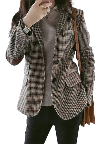 ebossy Damen-Blazer, Vintage-Stil, ohne Revers, einreihig, Hahnentrittmuster, kariert, Jacke mit aufgesetztem Ellenbogen, Khaki-a, XXL von ebossy