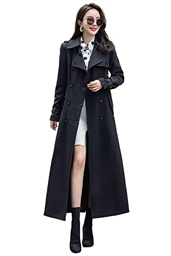 ebossy Damen Zweireihiger Trenchcoat Slim Full Length Maxi Long Overcoat, schwarz, X-Large von ebossy