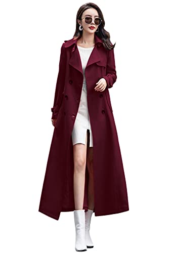 ebossy Damen Zweireihiger Trenchcoat Slim Full Length Maxi Long Overcoat, weinrot, XX-Large von ebossy