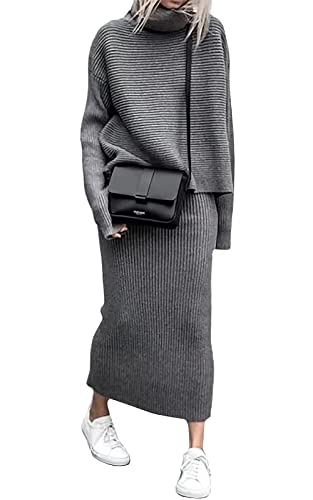 ebossy Gerippter Strickpullover für Damen, lässig, locker, 2-teiliger Rollkragenpullover, elastische Taille, Maxi-Rock-Set, Grau, Medium von ebossy