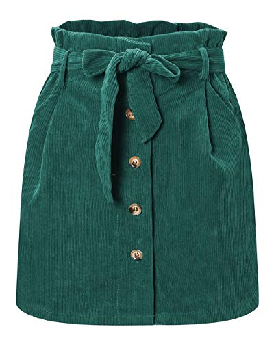 ebossy Paperbag Damen Minirock aus Cord, hohe Taille, Knopfleiste vorne, mit Gürtel - Grn - X-Groß von ebossy