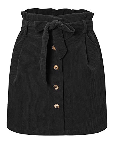 ebossy Paperbag Damen Minirock aus Cord, hohe Taille, Knopfleiste vorne, mit Gürtel - Schwarz - X-Groß von ebossy