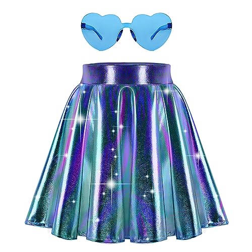 eccbox Mädchen Metallic Rock Sparkle Shiny Dance Disco Flared Plissee A-Linie Mini Skater Röcke mit Sonnenbrille, Blau, 8-9 Jahre von eccbox