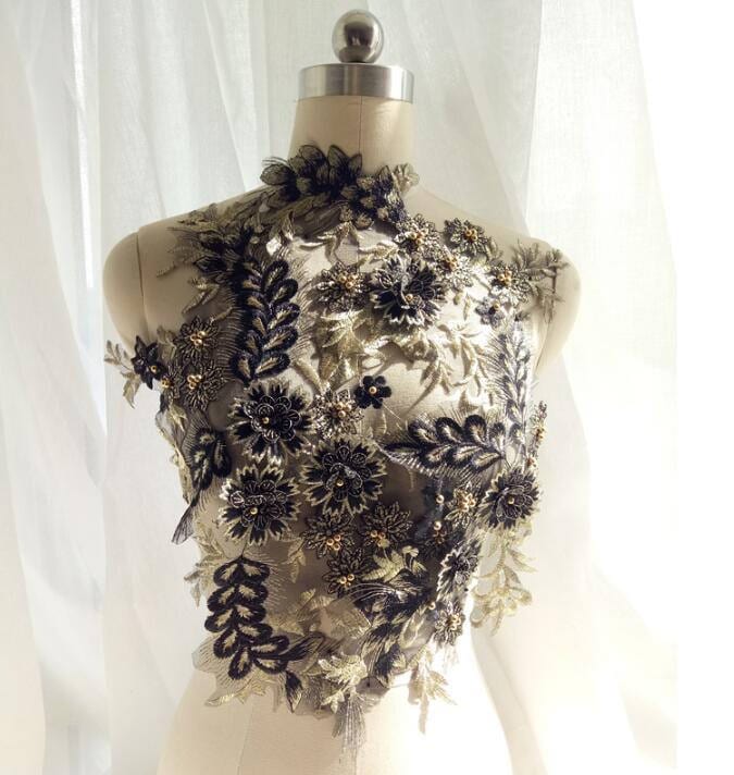 Perlenbesetzte 3D Blumen Applikation Schwarz, Gold, Und Altrosa S0641 von eclatlace