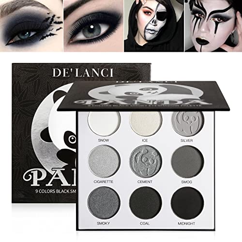 Black Smoky Eye shadow Palette, DE’LANCI PANDA 9 Colors True Black Dark Grey Smokey Eyeshadow Palette Goth Makeup Pallet, 9 Soft Matte Shimmer High Pigmented Basic Black White Gray Shade for Halloween von ecofavor