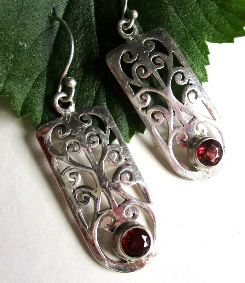 925 Silber Designer Ohrhänger M Echtem Granat - Feine Sägearbeit von edeldesign