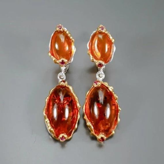 Designer Ohrhänger Vom Feinsten-925Ersilber-14Ctgold-Bernstein-Amber-Rhodolite-Prachtstücke Mit Omegaverschluss-Wertige Weihnachtsgeschenke von edeldesign