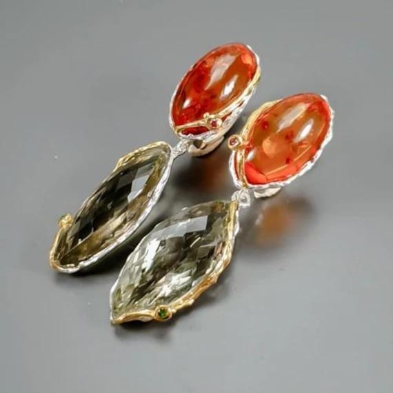 Designer Ohrhänger Vom Feinsten-925Ersilber-14Ctgold-Bernstein-Grüne Amethyste-Diopsid-Omegaverschluss-5, 2cm Lang-An Weihnachten Denken von edeldesign