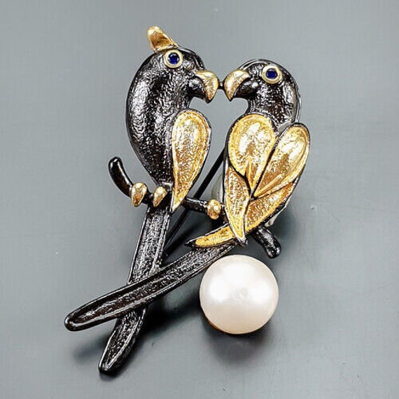 Designerbrosche-Vogelpaar-925Er Silber-14Ct Gold-Perle+Saphire-5cm von edeldesign
