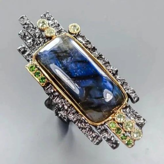 Ein Kunstwerk-Designer Ring-925Ersilber-14Ctgold-Labradorit-Peridot -Rg 18, 5-58-Mit Viel Liebe Und Fantasie Hergestellt - Weihnachtsgeschenk von edeldesign