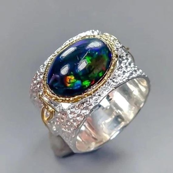 Exklusiver Designerring-Bandring 925Ersilber-Voll-Opal-14Ctgold-Rg 18-18, 5-57-Wertiger Schwarzer Opal-Breite Schiene-Willkommenes Geschenk von edeldesign