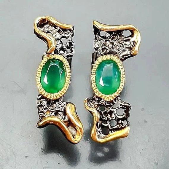 Extravagante-Zierliche -Designer-Ohrstecker-925Er Silber-14Ctgold-Grüner Onyx-Durchbrucharbeit-Tolles Design-Schönes Weihnachtsgeschenk von edeldesign