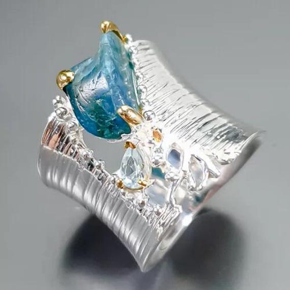 Feiner Designer Silber Ring-925Er Silber-14Ct Gold - Apatitbrocken-Topastropfen-Rg18-57-Feine Durchbrucharbeit - Ideal Auch Als Geschenk von edeldesign