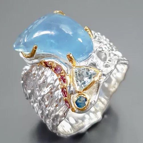 Feiner Designer Silber Ring-925Er Silber-14Ct Gold-Aquamarinbrocken-Topas-Rg18 - 57 Us 8 Hochwertiges Schmuckstück- Exklusives Design von edeldesign