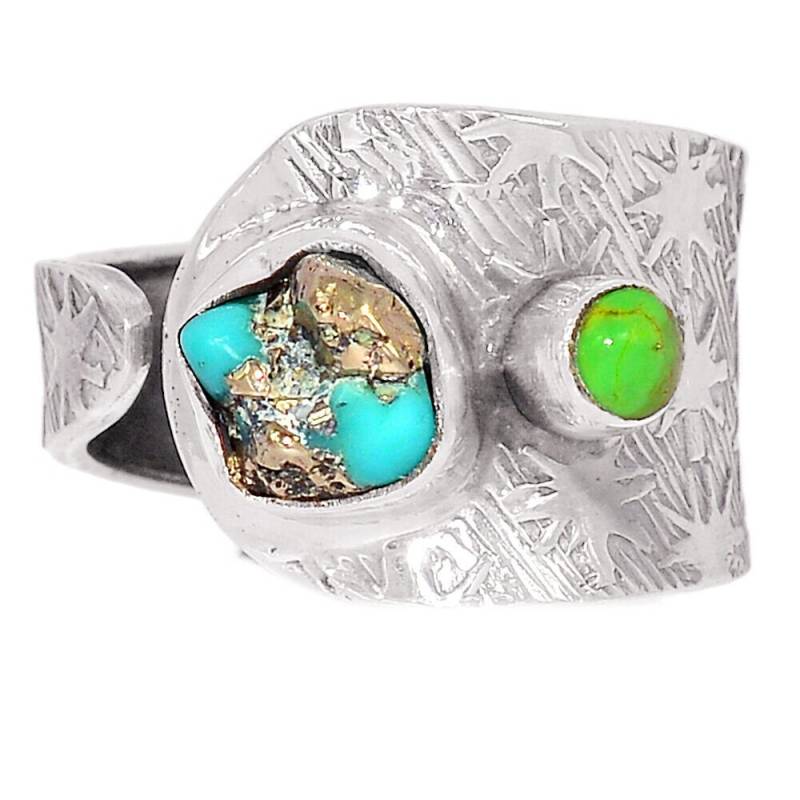 Feiner Designerring -925Er Silber- 2 Türkisbrocken - Rg 18 -58 -Offen Gearbeitet von edeldesign