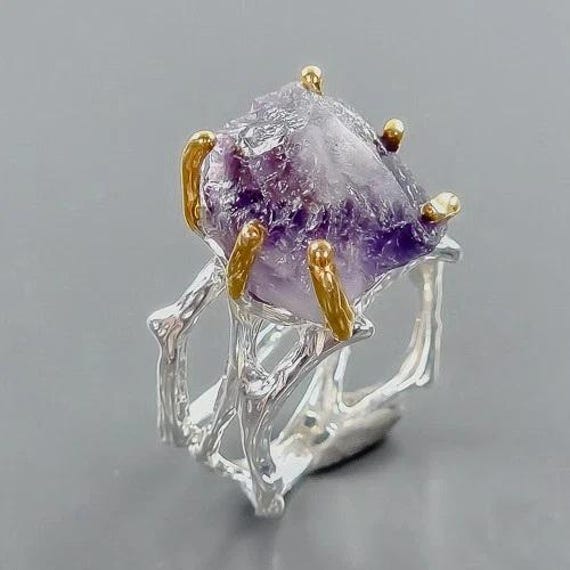 Hervorragender Designerring-925Ersilber-14Ctgold-Amethyst-Brocken-Rg 19-60-Feinster Naturstein-Lila-Hochwertig-Unikat-Geschenk Für Mama von edeldesign