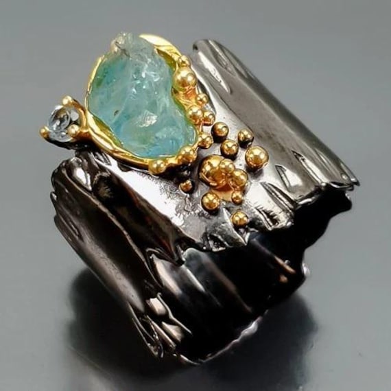 Imposanter Designerring -925Ersilber-14Ctgold M Apatit -Brocken-Topas-Rg Knapp 19, 5-61 -Us 9, 5-Schönes Einzelstück Mit Naturstein-Geschwärzt von edeldesign