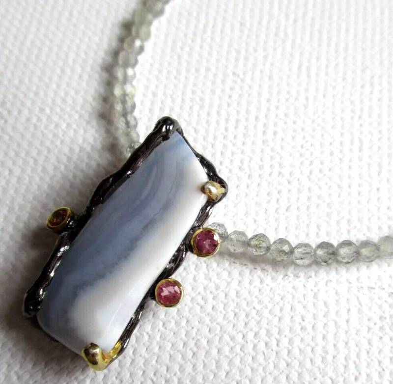 Interessanter Designer Kette-925Er Silber-14Ctgold-Chalzedon An Labradorit - 45.5 cm Lang -Kette Mit Chalzedon Turmaline Labradorit von edeldesign
