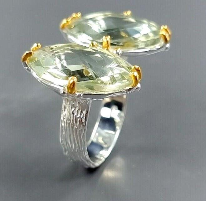 Schicker Designerring- 925Er Silber- 2 Facettierte Grüne Amethyste -Rg19 - 60 Ein Echter Hingucker Wunderschöne Steine Unikat von edeldesign