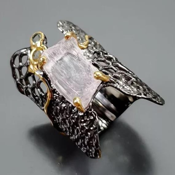 Schicker Designerring - Bandring 925Er Silber -Kunzitbrocken Mit Saphir Und Topas -14Ct Gold Rg18 57 Handarbeit Weihnachtsgeschenk von edeldesign