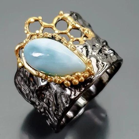 Schicker Designerring - Bandring 925Er Silber -Larimar-14Ct Gold Rg18 57-Gitterwerk-Ein Hochwertiges Unikat Mit Larimar von edeldesign