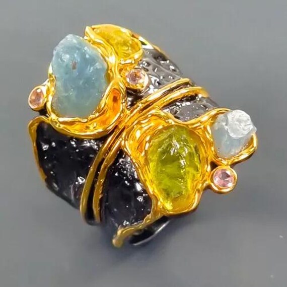Schicker Designerring-Bandring 925Er Silber-Saphir-Peridot-14Ctgold-Rg18 - 57 Absolutes Einzelstück Interessantes Unikat- Schöne Kunst von edeldesign
