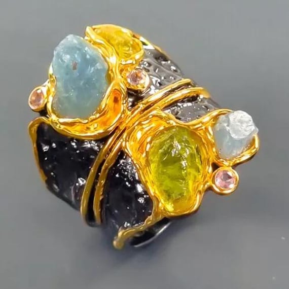 Schicker Designerring-Bandring 925Er Silber-Saphir-Peridot-14Ctgold-Rg18 - 57 Absolutes Einzelstück Interessantes Unikat- Schöne Kunst von edeldesign