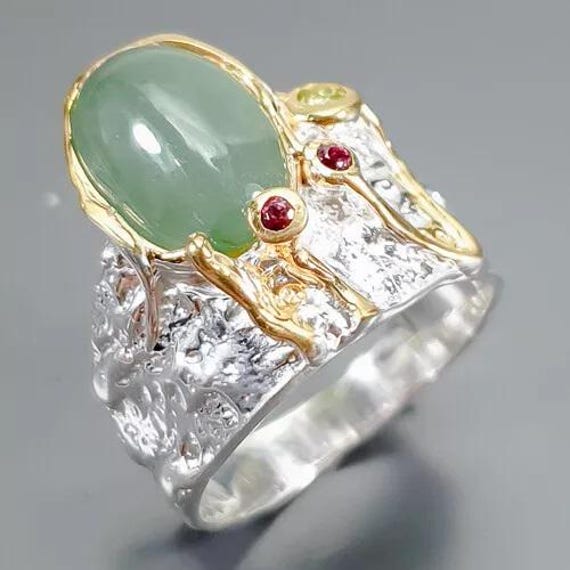 Schicker Designerring -Bandring 925Ersilber -Jade -Rhodolit-14Ctgold -Rg18 - 57 Ein Hochwertiges Unikat Mit Echter Jade Feine Geschenk von edeldesign