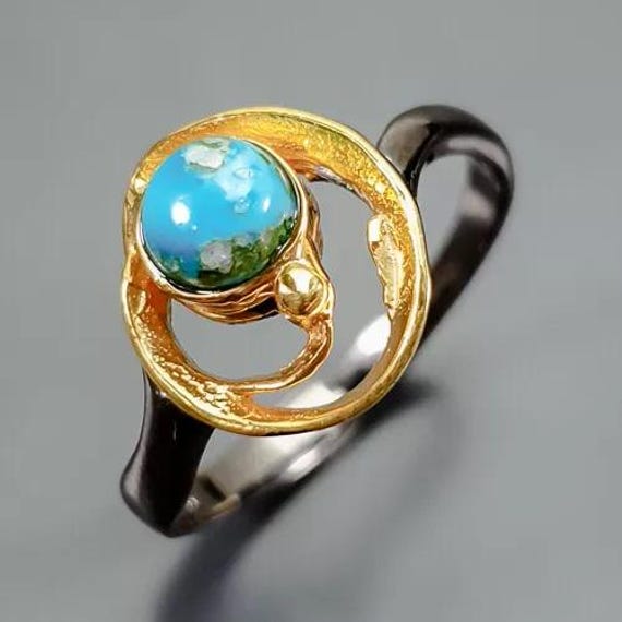 Zarter Designerring - 925Er Silber-Geschwärzt- 14Ctgold -Türkis- Rg 18, 5 58 Schönes Geschenk Für Wenig Geld Weihnachten Einzig von edeldesign
