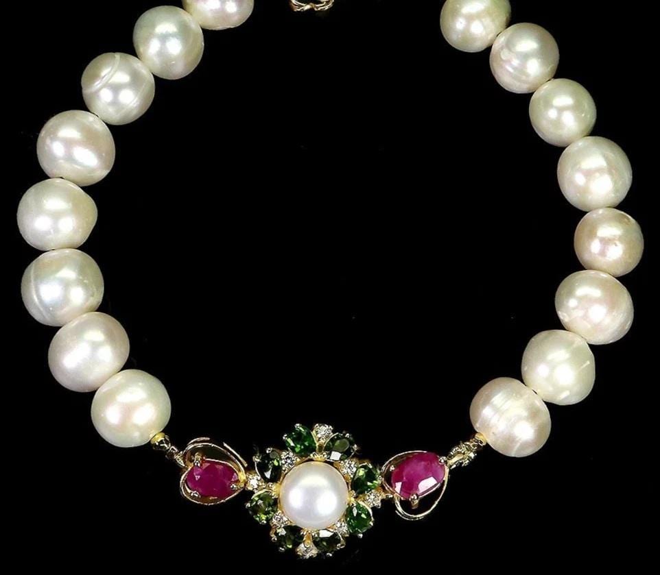 Zeitloses Designer Perlen Armband-925Ersilber-14Ctgold-Rubine-Diopside-21cm-Zeitlos Und Immer Tragbar-steine-Weiße Perlen-Weihnachtsgeschenk von edeldesign
