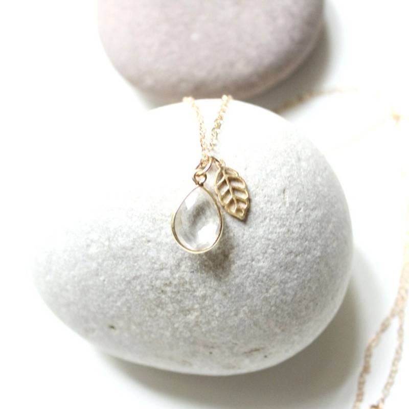 14K Gold Filled Kette Mit Bergkristall Tropfen 13mm Und Blatt Anhänger Vergoldet Touching Liebe Glück Schönes Geschenk Floral Boho Fein von edelfeinES