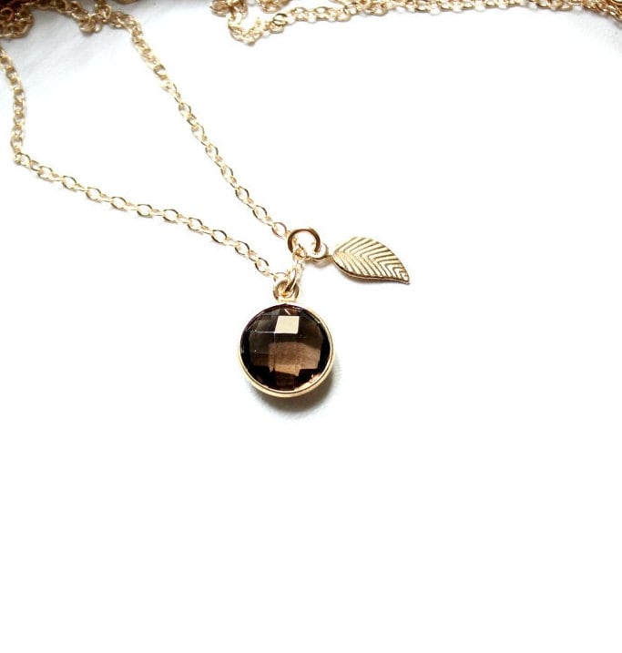 14K Gold Filled Kette Mit Rauchquarz Anhänger 10mm Rund Und Zartem Blatt Vergoldet Freude Energie Kraft Geschenk Rauch Quarz Floral Fein von edelfeinES