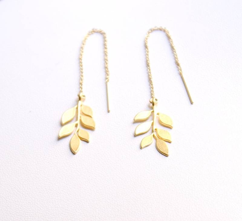 14K Gold Filled Ketten Ohrringe Mit Blätterzweig Anhänger 22mm Vergoldet Tender Golden Romance Floral Natur Blätter Zweig Boho Blumig Fein von edelfeinES