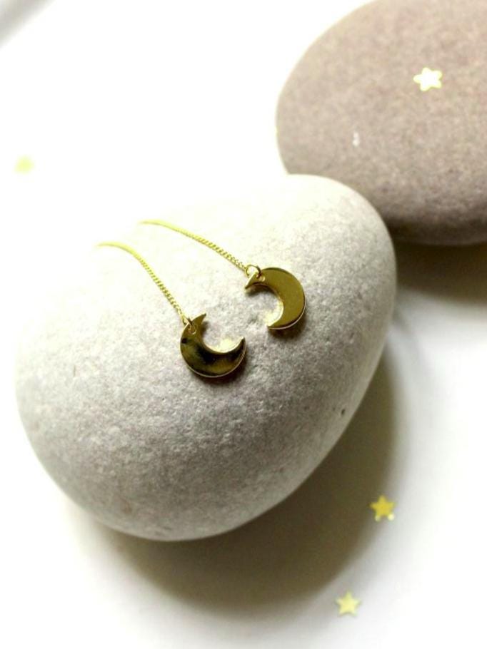 14K Gold Filled Ketten Ohrringe Mit Mondsichel Anhänger 10mm Vergoldet Golden Moon Energie Himmelskörper Mond Sichel Boho Einfädler Fein von edelfeinES