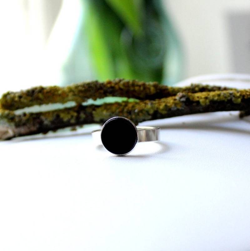 925 Silber Bandring Mit Schwarzem Onyx 10mm Rund Black Dot Statement Ring Magic Diskus Geometrisch Verstellbar Stärke Geschenk Unisex Fein von edelfeinES