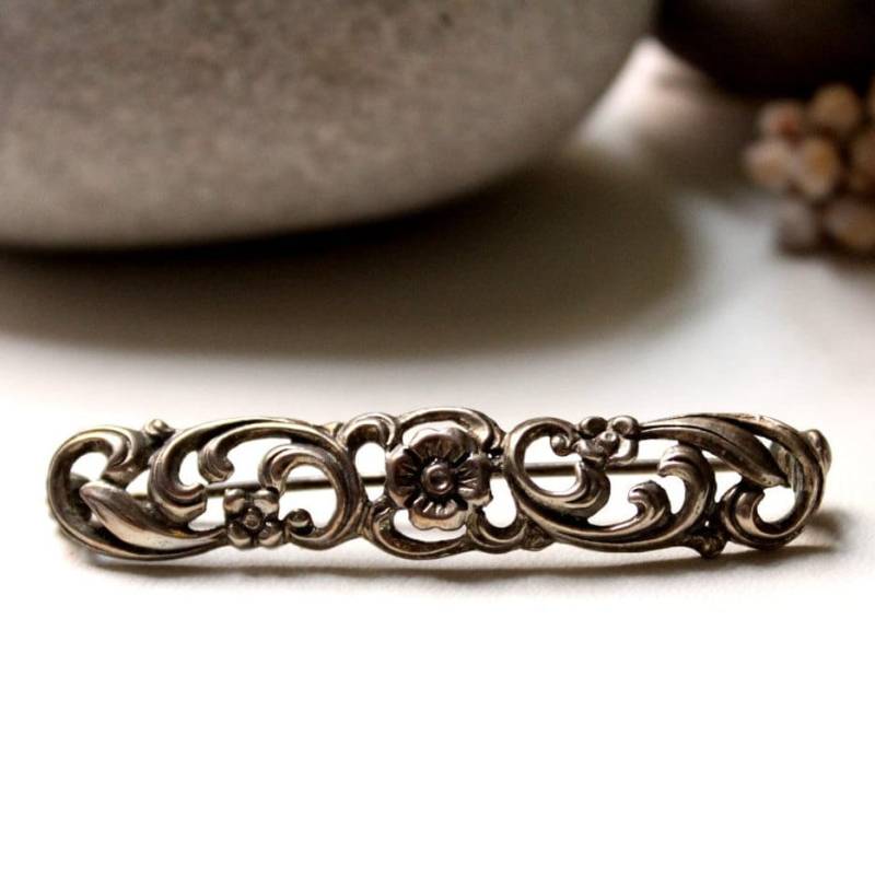 Florale Silber Brosche 50mm Vintage Punze 835Er Accessoire Sammlerstück Schönes Geschenk Jugendstil Blumig Blumenbrosche Brocante von edelfeinES
