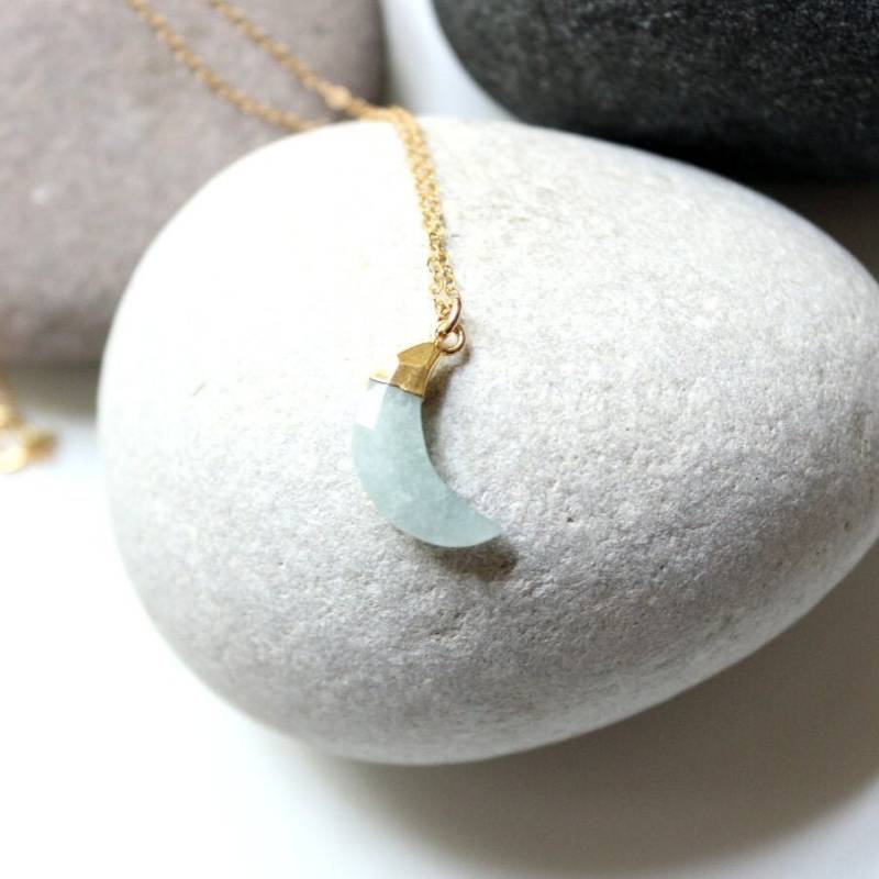 Zarte 14K Gold Filled Kette Mit Aquamarin Mondsichel 17mm Anhänger Vergoldet Blue Crescent Moon Himmelskörper Mond Glück Liebe Balance Fein von edelfeinES