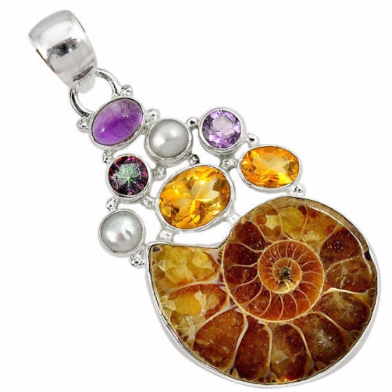 Ammonit, Amethyst, Perle, Citrin Und Nebeltopas Halskette, 925 Silber, Kordel Oder Silberkette, Handgefertigt Ammonit, Amethyst, Perle, Citrin Und Nebeltopas Halskette, 925 Silber, Kordel Oder Silberkette, Handgefertigt von edolena