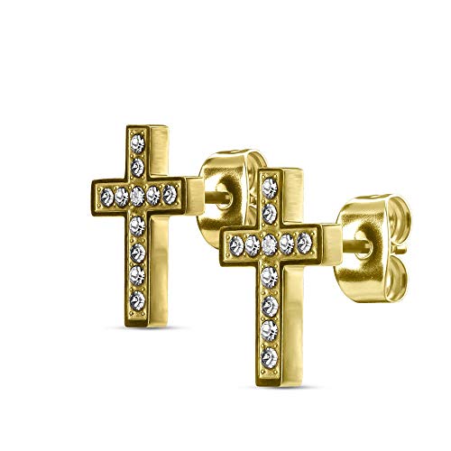 eeddoo® Damen Kristall-Ohrstecker aus Edelstahl im Design Kruzifix Kreuz mit eingesetzten Zirkonia Edelsteinen ((3) Gold) von eeddoo