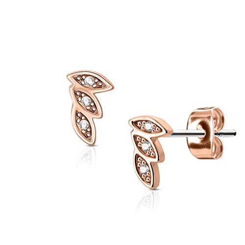 eeddoo® Damen Ohrstecker aus Edelstahl mit drei Blätter Kombination und Kristallen ((2) Rosegold) von eeddoo