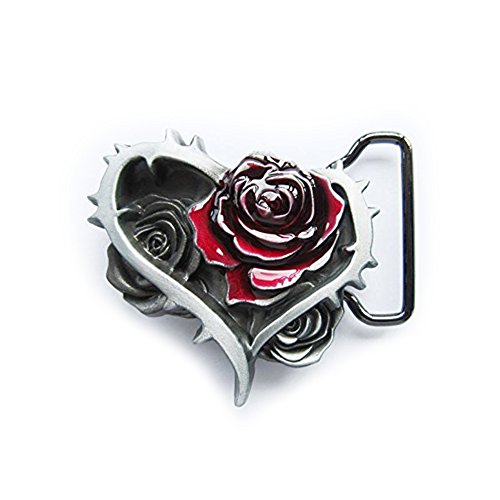 eeddoo® Gürtelschnalle - Herz mit Rosen & Dornen - Blume - Flower Buckle (Buckle für Wechselgürtel für Damen und Herren | Belt Frauen Männer Oldschool Rockabilly Metall Rock Biker Liebe Love) von eeddoo