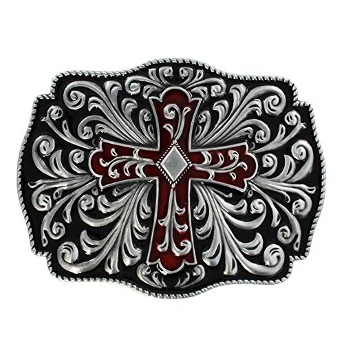 eeddoo® Gürtelschnalle - antikes Kreuz rot/schwarz verziert (Buckle für Wechselgürtel für Damen Herren | Belt Frauen Männer Oldschool Rockabilly Metall Gothic Wave Rock Biker Western Trucker Skull) von eeddoo