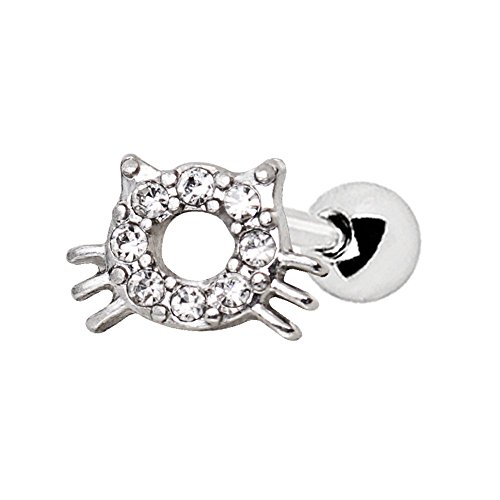 eeddoo® Kitty Cat Tragus Ohrstecker mit Glitzer Kristallsteinchen - Ohrpiercing Knorpel SCHMUCK - Stab für Helix Cartilage Conch Daith Snug Lobe Ohren -silberner Edelstahl - Ohr-Ring für Damen von eeddoo