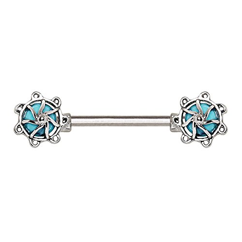 eeddoo® WIRBEL NIPPLE BAR - Stab mit türkisen Steinen - Piercing für Brustwarzen Nippel Brustpiercing Intimpiercing - EDELSTAHL silber - Schmuck für Damen & Herren/Frauen & Männer von eeddoo