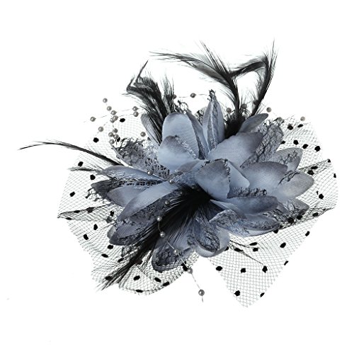 ehbn9 Frauen Braut Mesh Bowknot Feder Fascinator Haarspange Imitationsperle Perlen Tanz Hochzeit Party Blume Haarnadel Brosche Grau von ehbn9