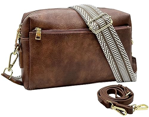 ehsbuy Damen Umhängetaschen Leder Pom Pom Bag Damen Crossover Tasche mit 2 verstellbaren und abnehmbaren Trägern Kamerataschen für Frauen Kleine Umhängetasche, coffee von ehsbuy